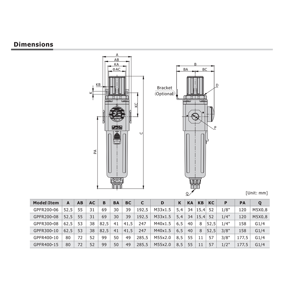 GPFR400C15LDT AIRTAC COALESCING FILTER/REGULATOR<BR>GPFR400 SERIES 1/2" NPT 20-58 PSI 0.01 MIC MNT BRK